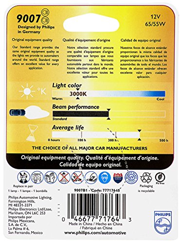 9007B1 Philips Standard Halogen Replacement Headlight Bulb, 1 Pack