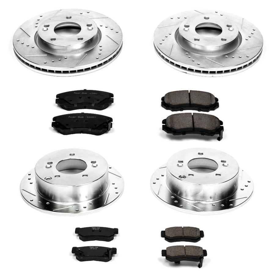 Power Stop K4449 Z23 Carbon Fiber Brake Pads Front and Rear with Drilled & Slotted Brake Rotors Kit For Hyundai Sonata, Hyundai Tucson, Kia Optima, Kia Sportage [Model Specific]