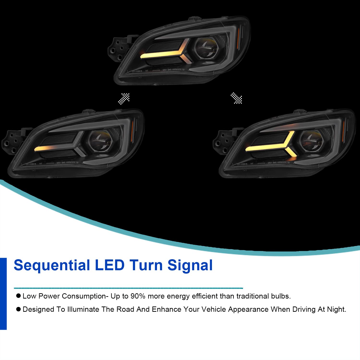 Black SPEC-D TUNING Projector Headlights w/Sequential LED Turn Signal Compatible with 2006-2007 Subaru Impreza WRX/STI Models Only, Left + Right Pair Headlamp Assembly
