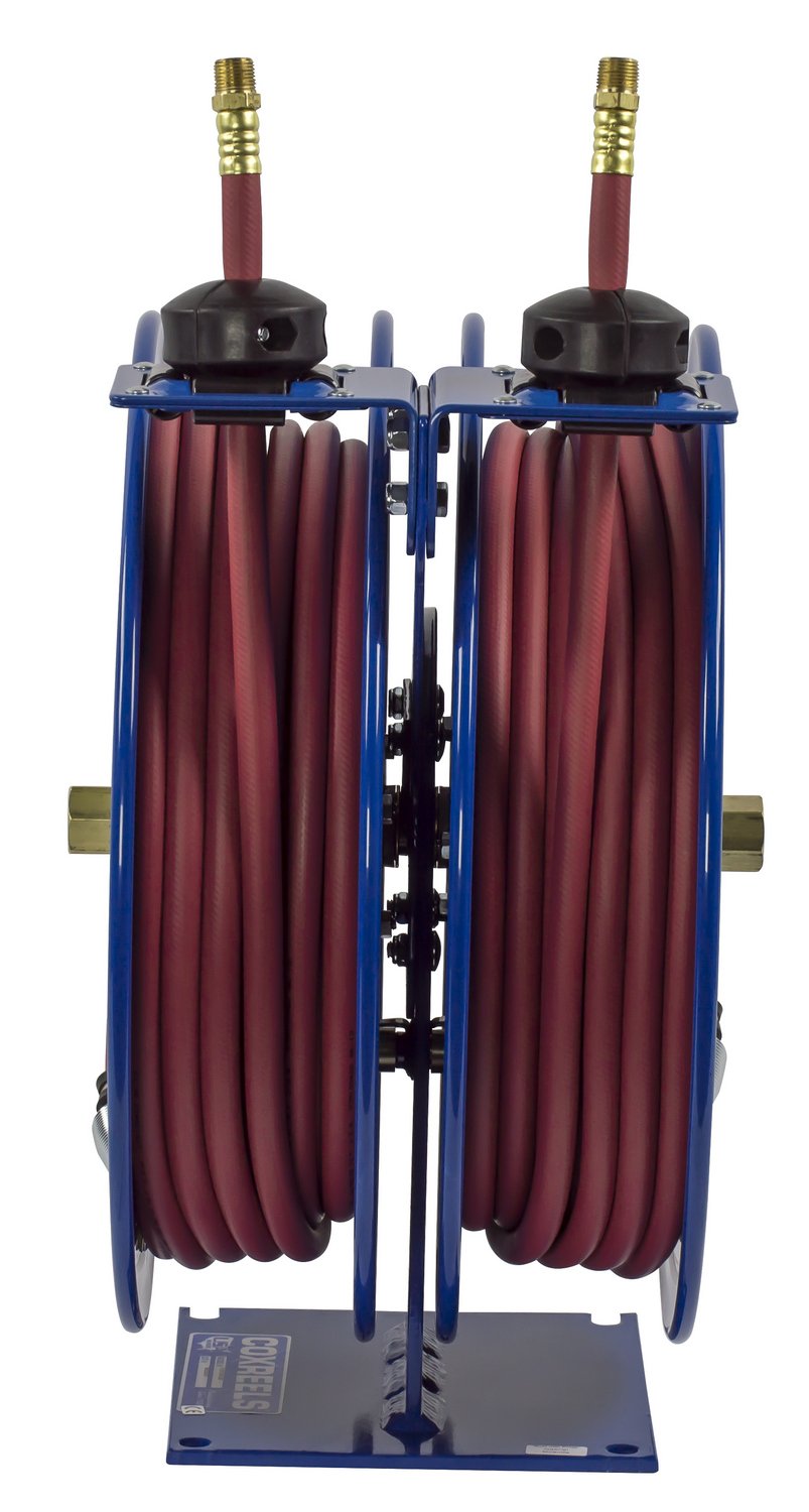Coxreels Dual Purpose C-LP-350-350 Two Hose/Cord Reel - ⅜” Hose ID - 50' Length PVC Hose and 50' SJO Cord Included - Compact For Air Compressor, Garden and Pressure Washer Hoses Made in USA