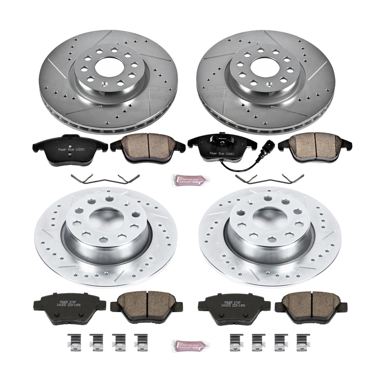 Power Stop K5803 Z23 Carbon Fiber Brake Pads Front and Rear with Drilled & Slotted Brake Rotors Kit For Volkswagen Passat 2012-2015 [Model Specific]