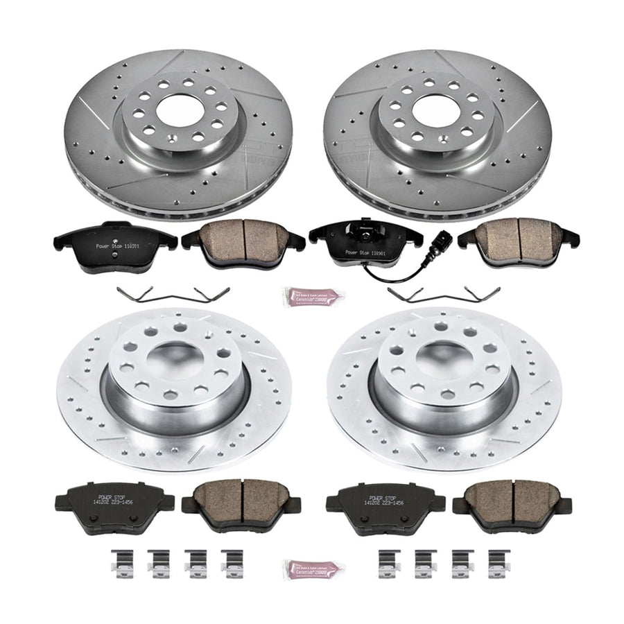 Power Stop K5803 Z23 Carbon Fiber Brake Pads Front and Rear with Drilled & Slotted Brake Rotors Kit For Volkswagen Passat 2012-2015 [Model Specific]