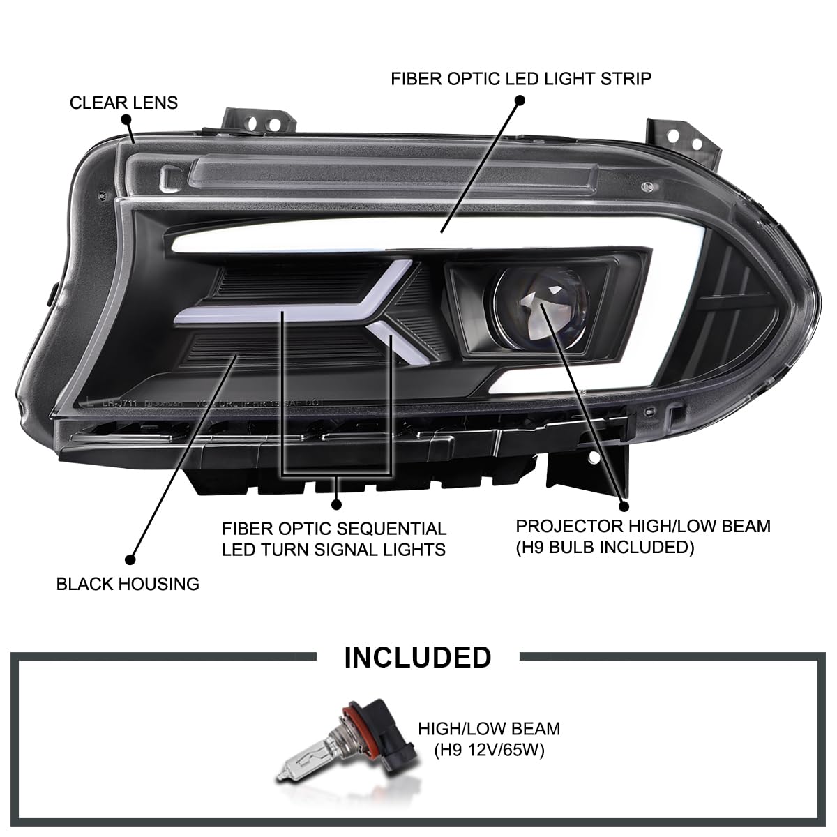 Black LED Projector Headlights w/Sequential Turn Signal SPEC-D TUNING Compatible with 2015-2023 Dodge Charger with factory halogen headlights