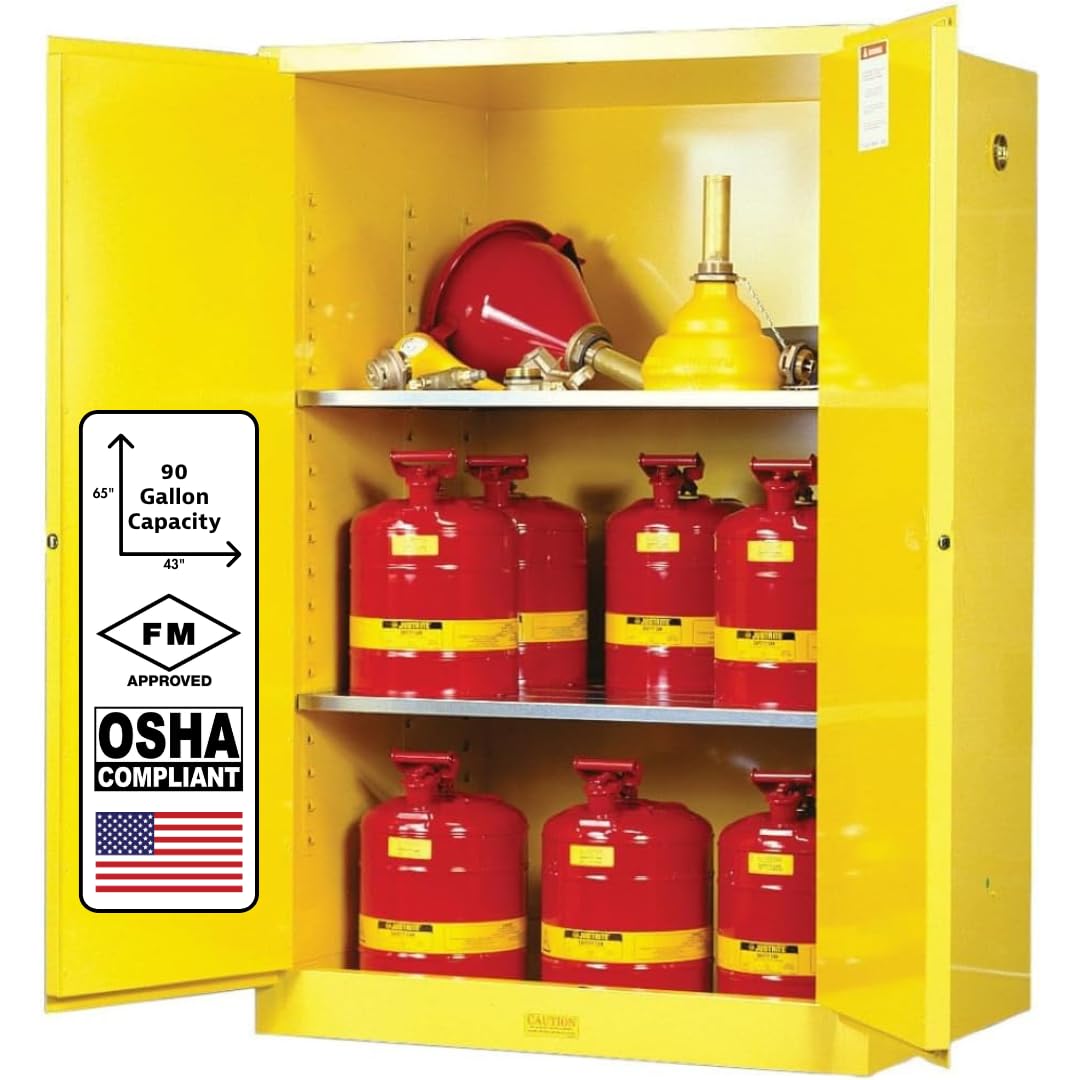Justrite 90 Gallon Flammable Storage Cabinet Manual Close, 18 Gauge Steel, 2 Shelves, 2 Door Fire Cabinet, 65" x 43" x 34", Made in The USA, Yellow, 899000