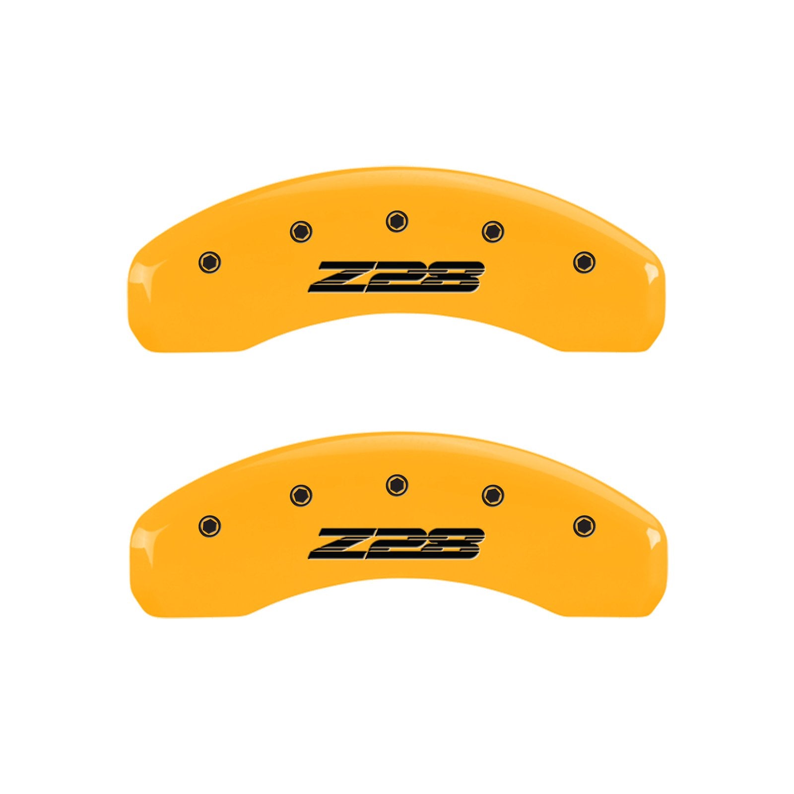 Caliper Covers MGP 14036SZ85YL Yellow (Set of 4, Engraved Front: Gen 5/Camaro - Engraved Rear: Gen 5/Z28, Yellow powder coat finish, black characters)