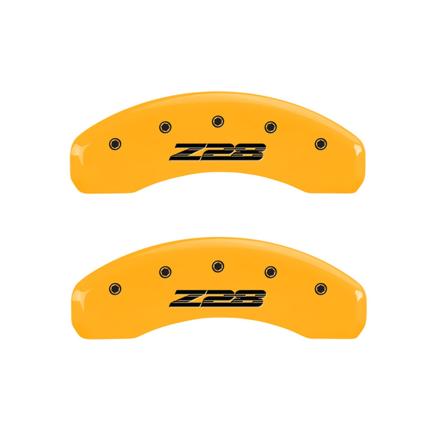 Caliper Covers MGP 14036SZ85YL Yellow (Set of 4, Engraved Front: Gen 5/Camaro - Engraved Rear: Gen 5/Z28, Yellow powder coat finish, black characters)
