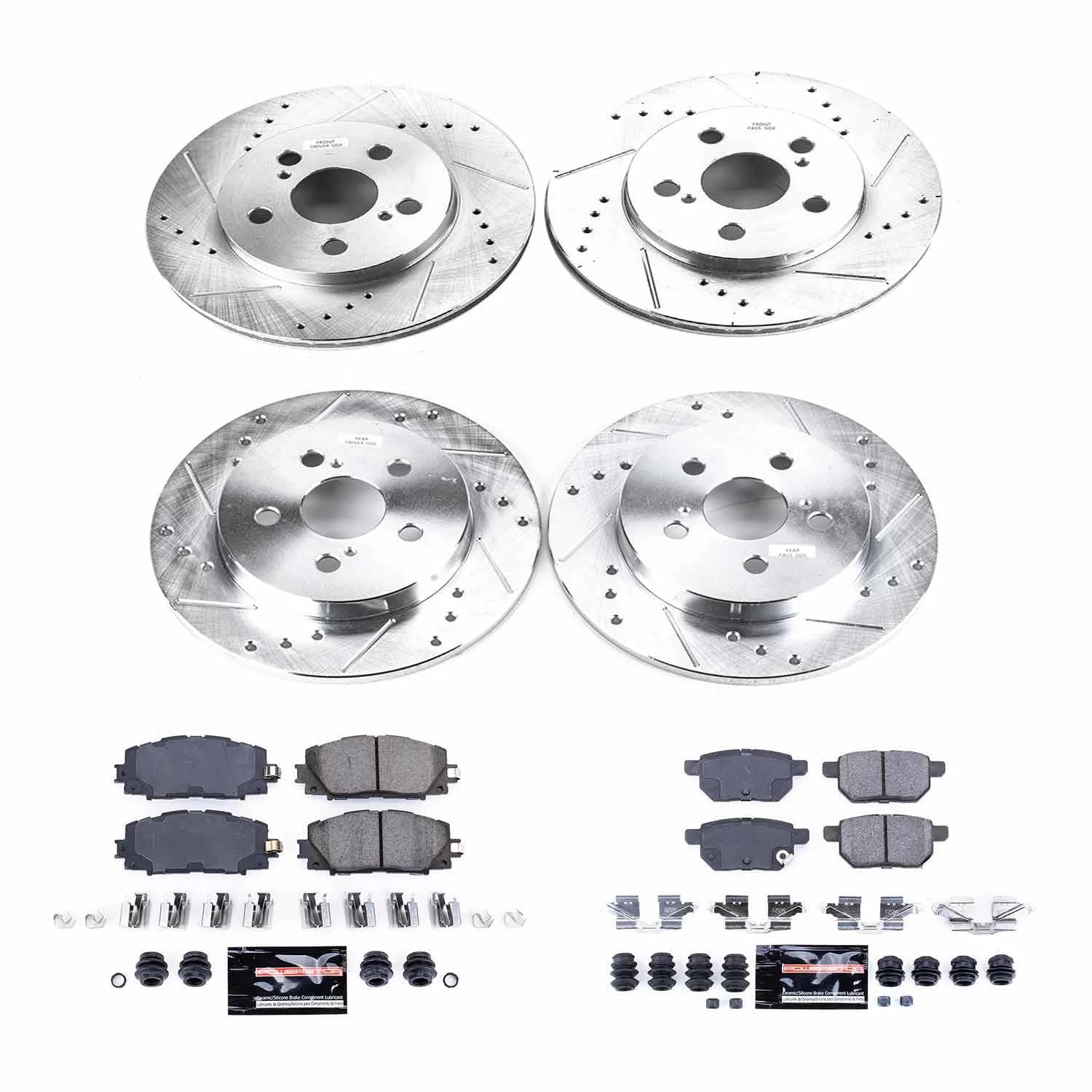 Power Stop K7924 Z23 Carbon Fiber Brake Pads Front and Rear with Drilled & Slotted Brake Rotors Kit For Toyota Prius AWD-e 2019-2022, Toyota Prius Prime 2017-2019 [Model Specific]