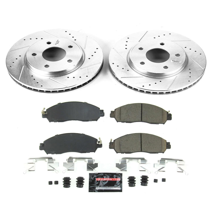 Power Stop K8275 Z23 Carbon Fiber Brake Pads with Drilled & Slotted Brake Rotors Kit For Nissan LEAF 2018-2024 [Vehicle Specific]