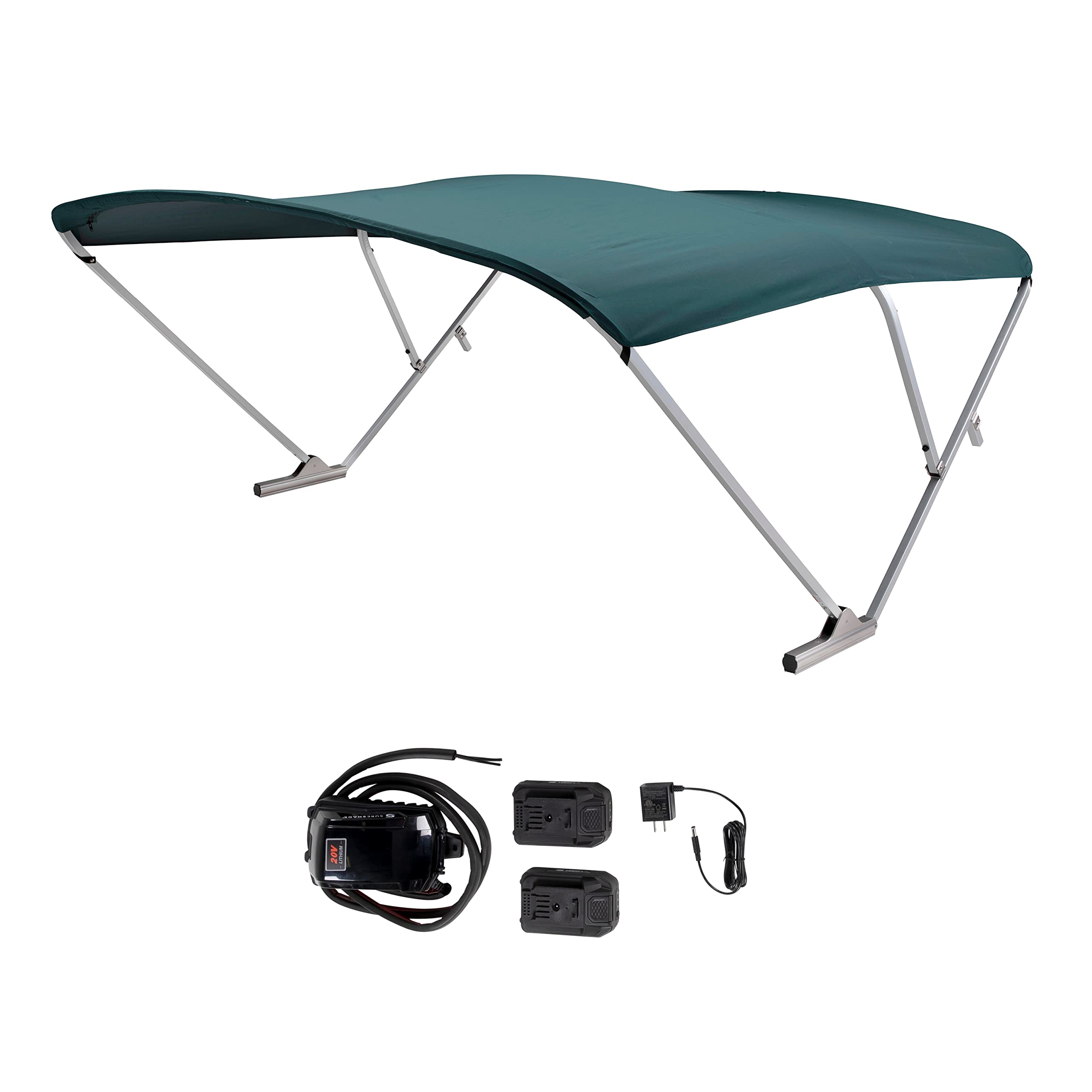 SureShade Electric Bimini Power Shade System for Pontoon Boats with Manual or No Biminis, 92-102" Wide, 20V Powered, Fade-Resistant Fabric, Clear Anodized Frame, Green - 2021133098