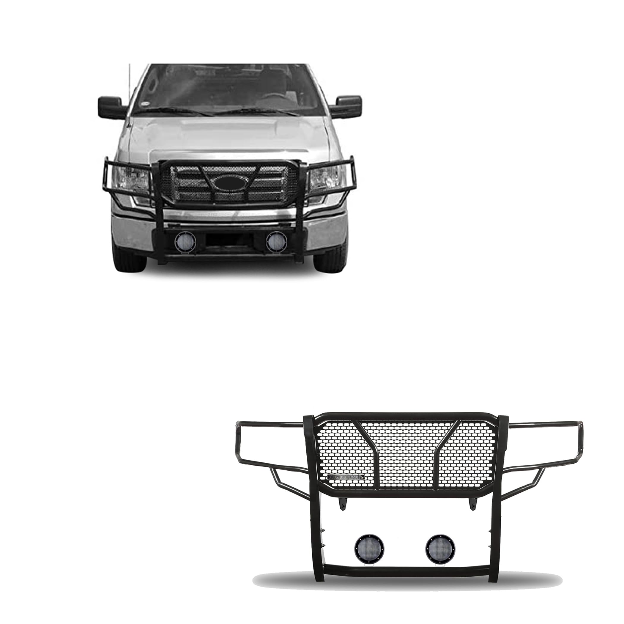 Heavy Duty Black Horse Rugged Grille Brush Bumper Guard Modular Black Come with Pair of 5.3" Dia.LED Lights with Black Trim Rings Compatible with 2009-2014 Ford F-150-RU-FOF109-B-PLFB