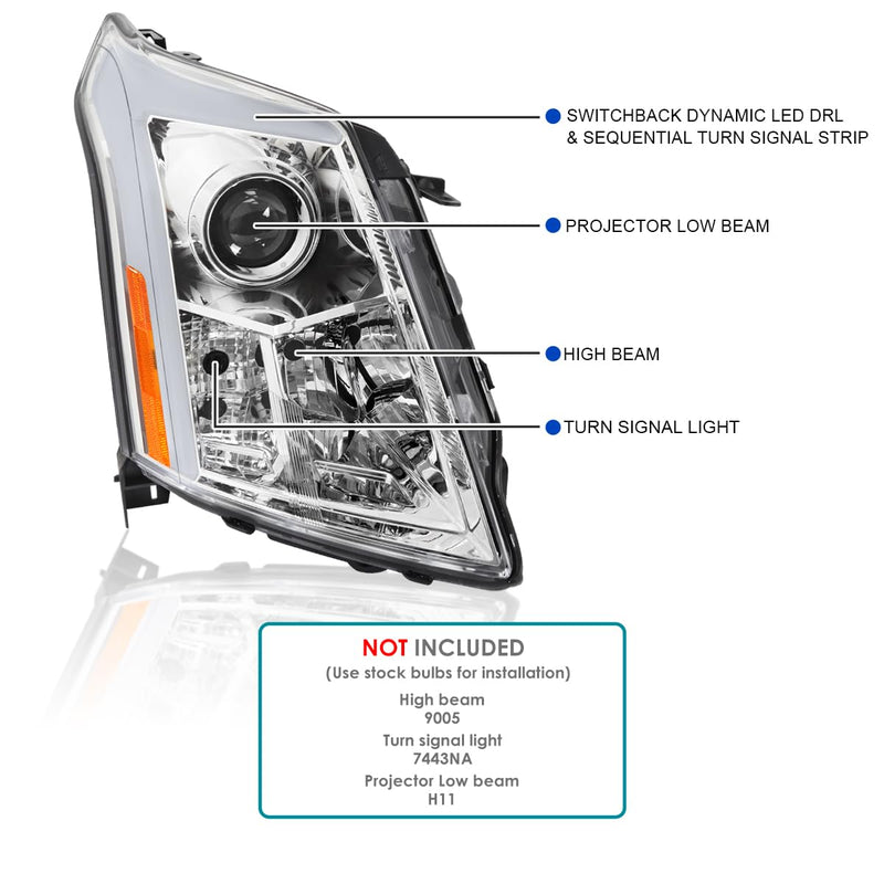 Switchback SPEC-D TUNING Chrome Projector Headlights w/LED DRL Light Bar and Startup Animation Compatible with 2010-2016 Cadillac SRX, Left + Right Head Lamps Assembly