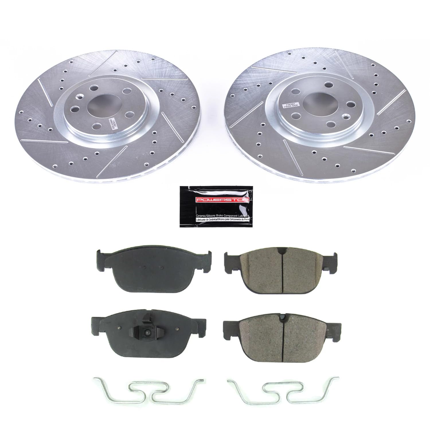 Power Stop K7703 Z23 Carbon Fiber Brake Pads Front with Drilled & Slotted Brake Rotors Kit For S60, S90, V60, V60 Cross Country, V90, V90 Cross Country, XC40, XC60, XC90 [Model Specific]