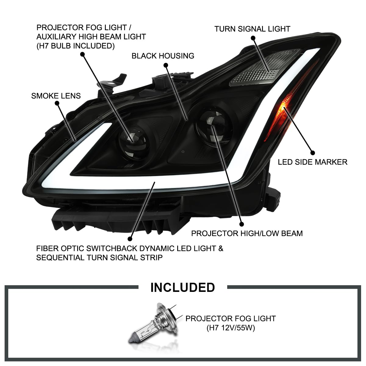 Black Smoke SPEC-D TUNING Projector Headlights w/LED Sequential Turn Signal and Startup Animation Compatible with 2008-2015 Infiniti G37, Q60 2DR Coupe, Left + Right Pair Headlamp Assembly
