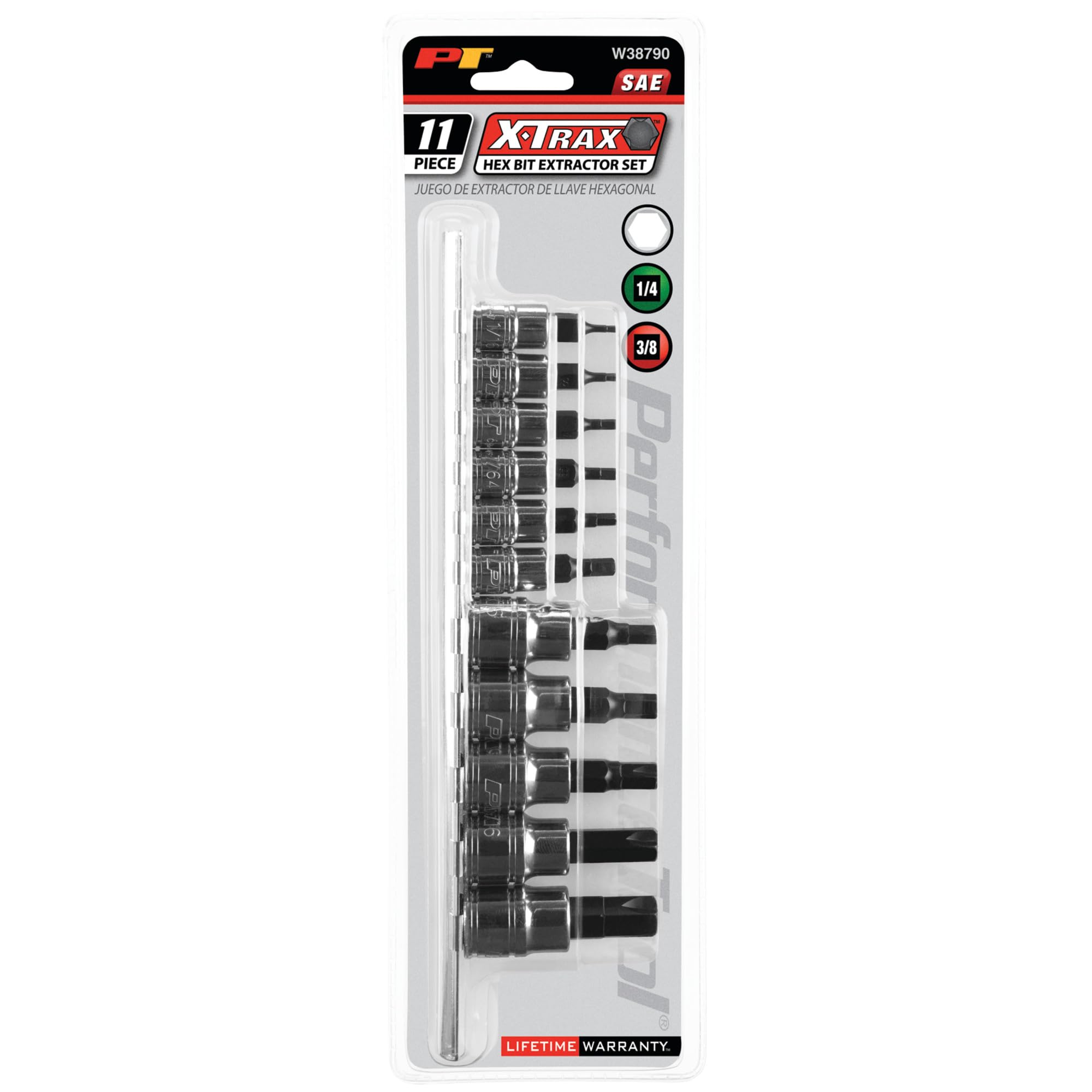 W38790 Performance Tool Patented Grip Hex Bit Socket Set, 11-Piece SAE with Chrome Vanadium Steel and Corrosion Resistant Finish