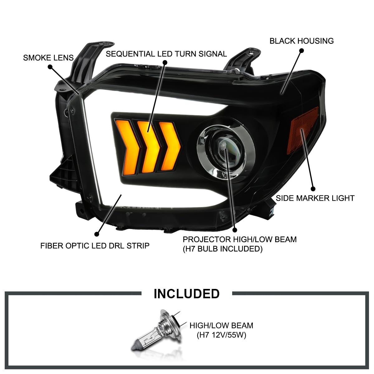 Black Smoke LED Light Bar Projector Headlights SPEC-D TUNING w/Sequential LED Signal Compatible with 2014-2021 Toyota Tundra, Left + Right Pair Headlamps Assembly