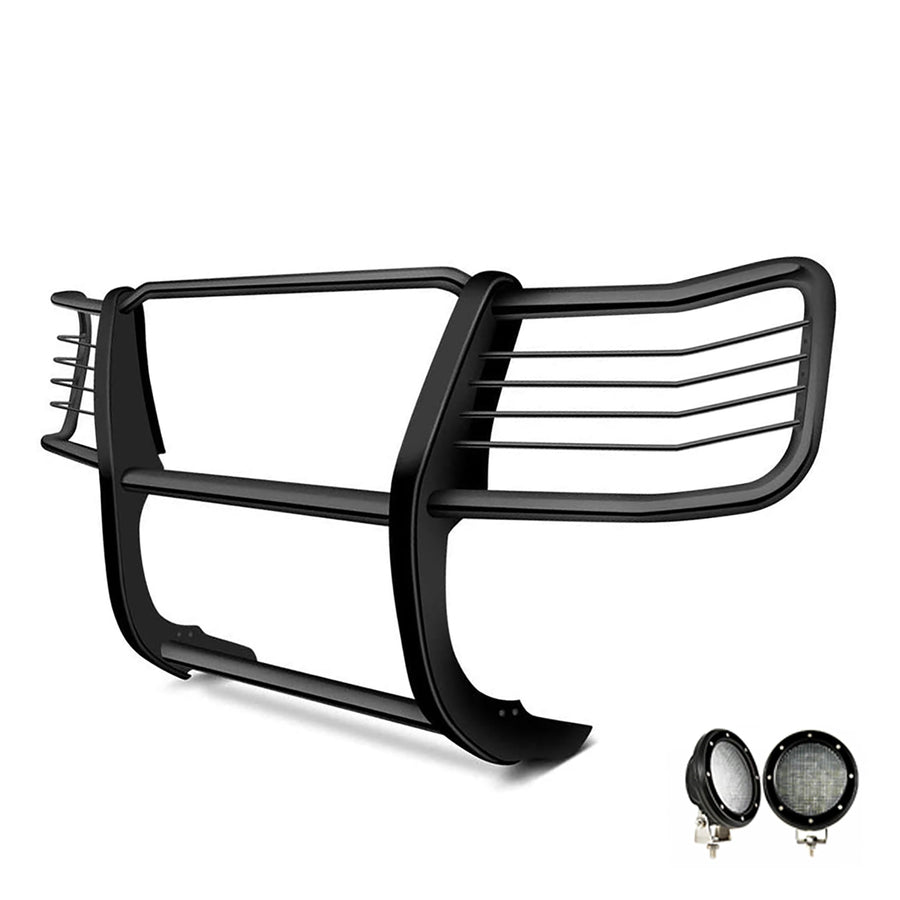 Bumper Guard Black Horse Grille Brush Modular Black Come with Pair of 5.3" Dia.LED Lights with Black Trim Rings Compatible with 2017-2024 Nissan Titan-17NR27MA-PLFB