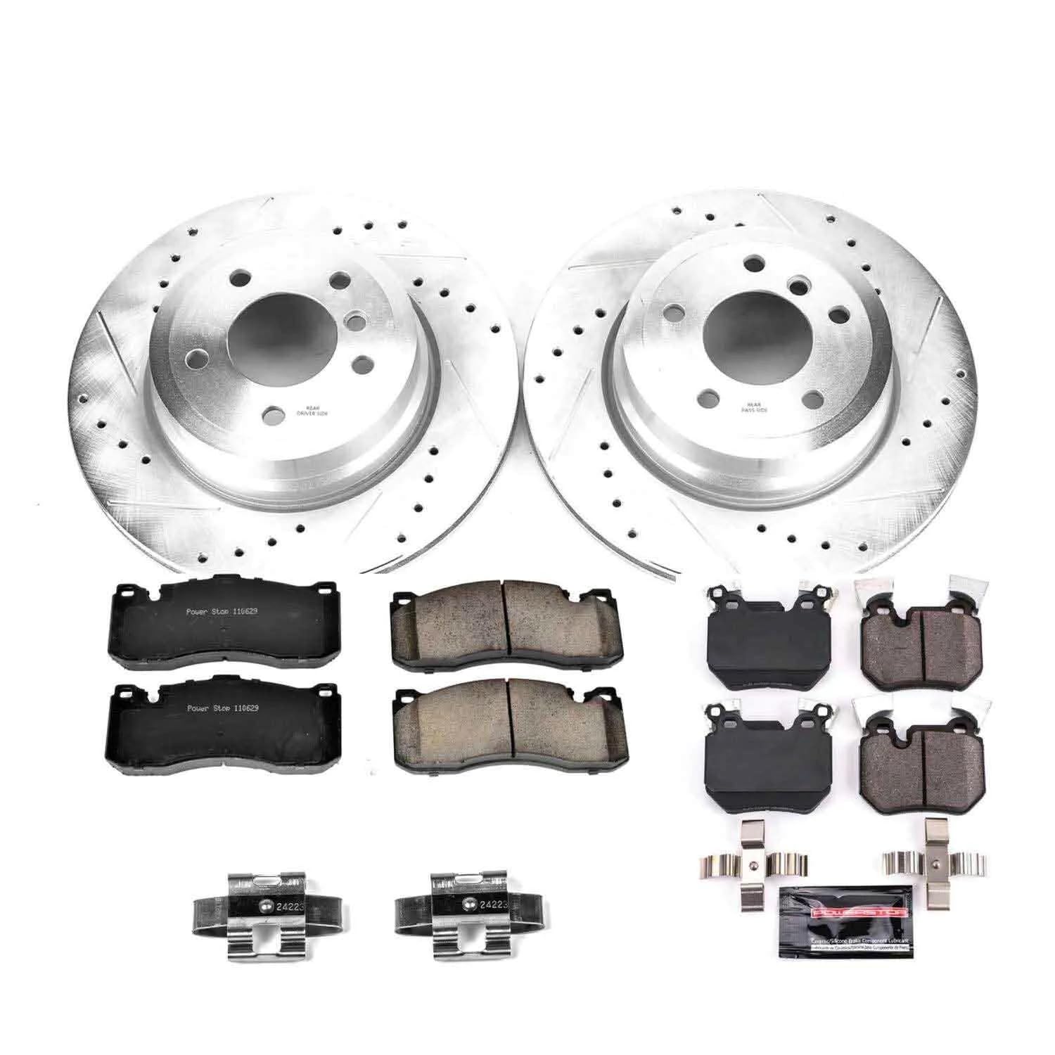 Power Stop K5686 Z23 Carbon Fiber Brake Pads Front and Rear with Drilled & Slotted Brake Rotors Kit and 1 Front & 1 Rear Sensor Wires For BMW 135i 2008-2010 [Model Specific]