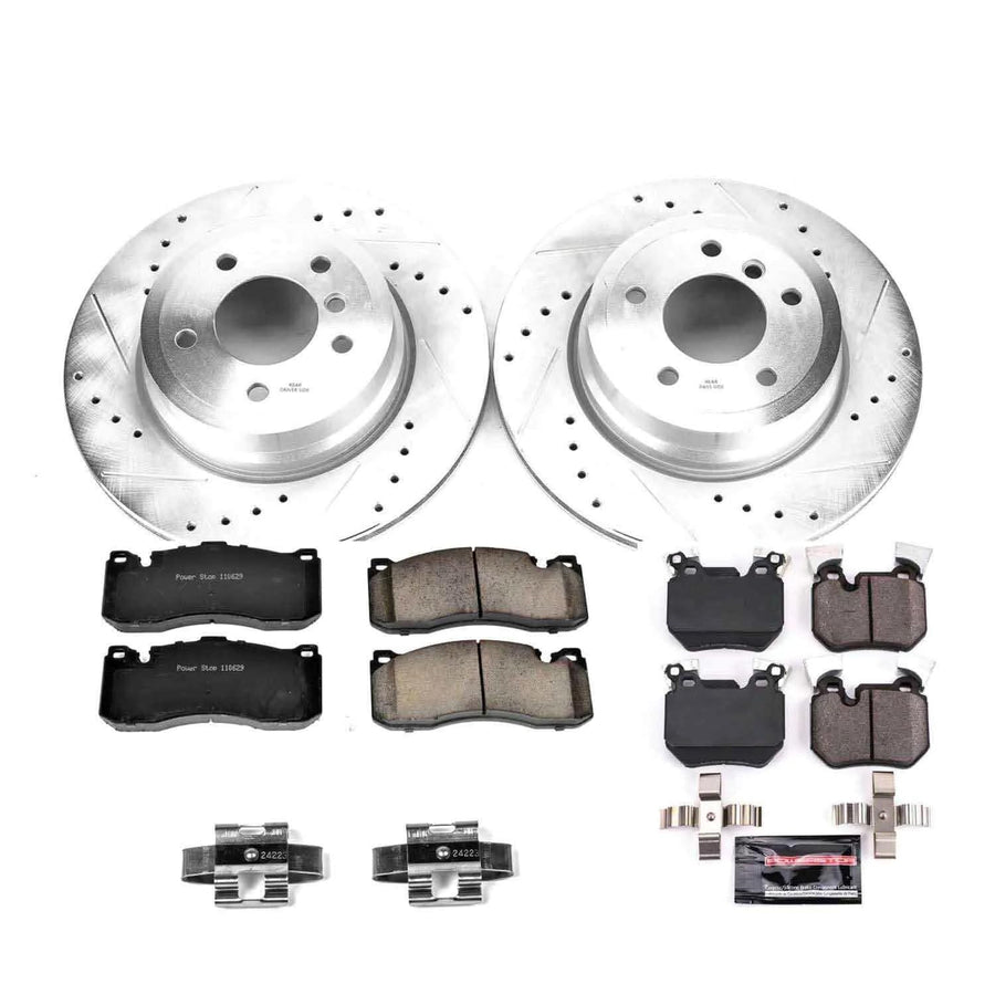 Power Stop K5686 Z23 Carbon Fiber Brake Pads Front and Rear with Drilled & Slotted Brake Rotors Kit and 1 Front & 1 Rear Sensor Wires For BMW 135i 2008-2010 [Model Specific]