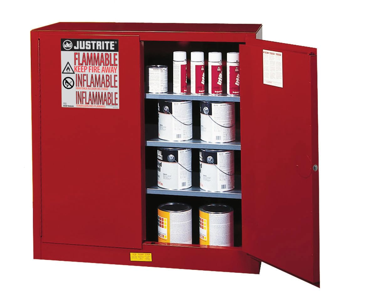 Justrite 40 Gallon Paint and Ink Manual Close Safety Cabinet, 18 Gauge Steel, 3 Shelves, 43" x 44" x 18", 2 Door Combustibles Cabinet, Made in The USA, Red, 893011