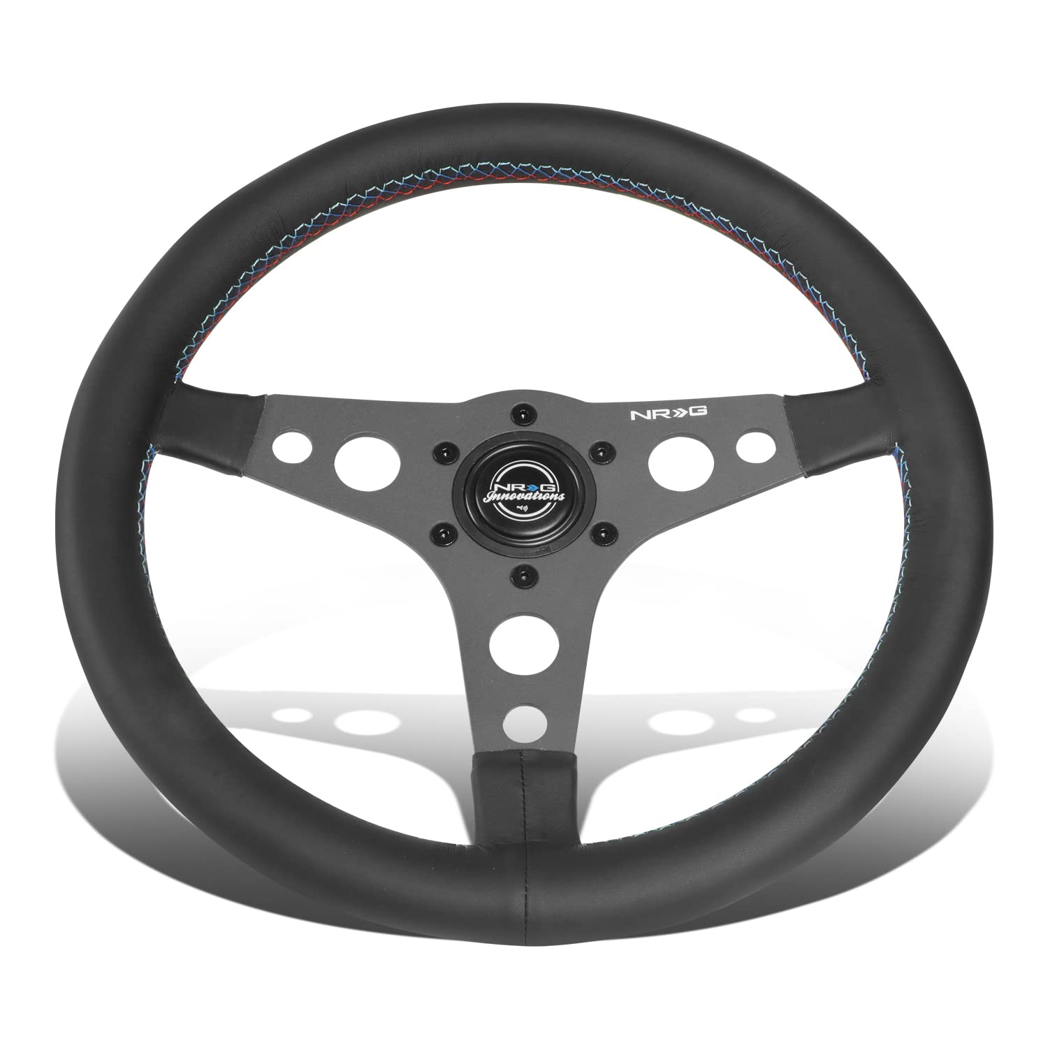 NRG Innovations 350mm Black Leather Reinforced Sport Steering Wheel NRG-RST-068BK, 3 Black Spokes with Stitching and non Deep Dish