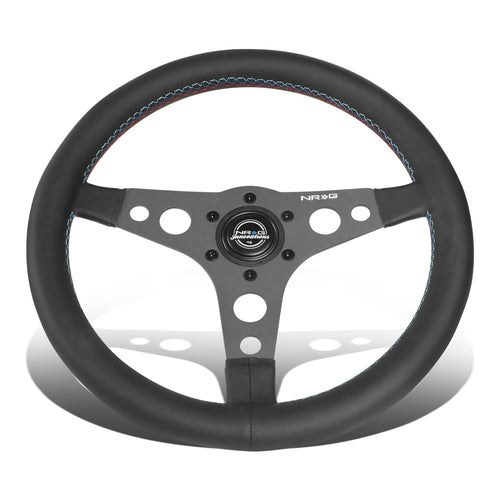 NRG Innovations 350mm Black Leather Reinforced Sport Steering Wheel NRG-RST-068BK, 3 Black Spokes with Stitching and non Deep Dish