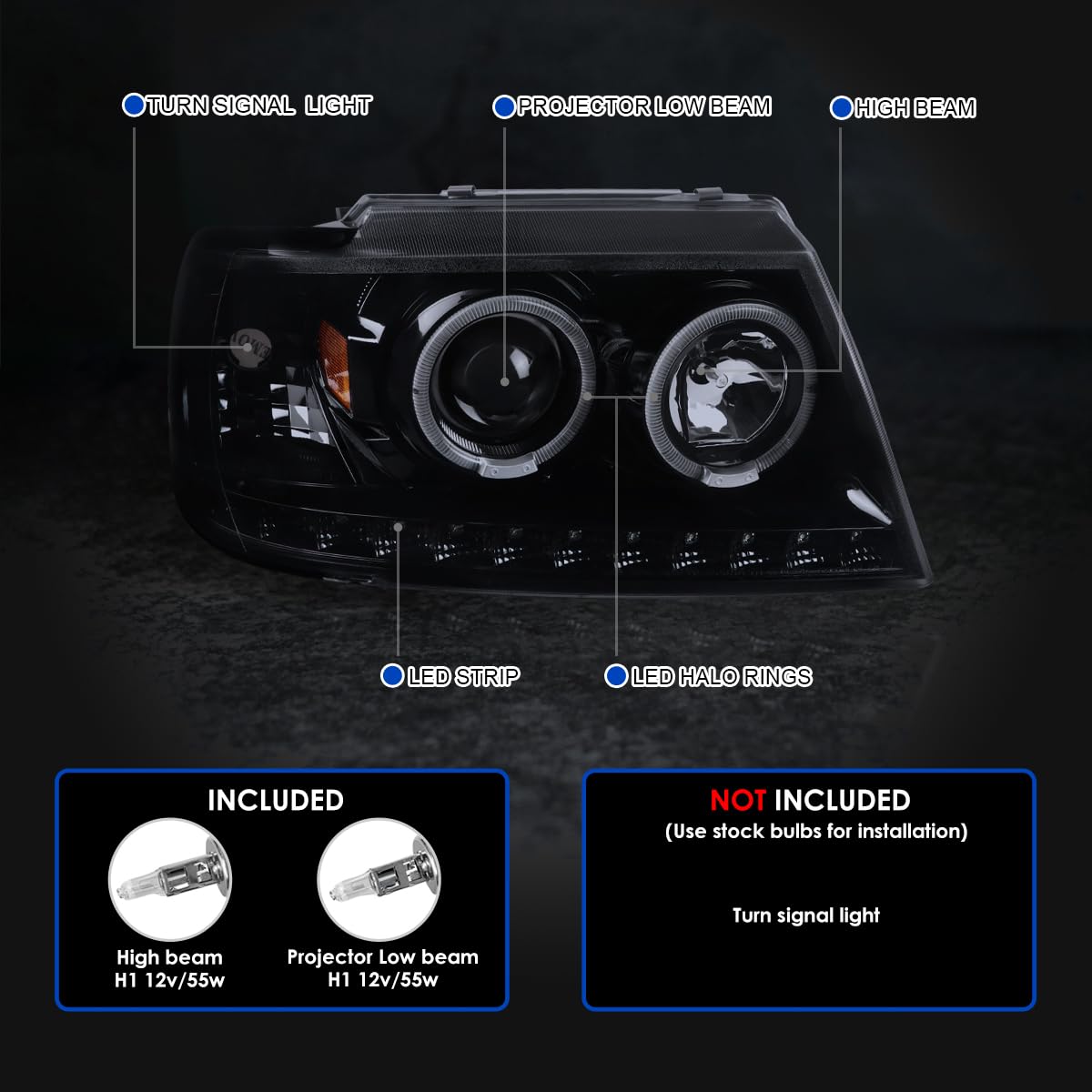 LED Halo Projector Headlights SPEC-D TUNING Glossy Black Compatible with 2002-2005 Ford Explorer, Left + Right Pair Headlamps Assembly