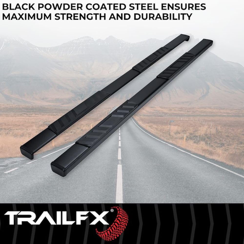 TrailFX Side Step Nerf Bar Pair with Step Pads 4 Inch Trapezoid Titanium Black Powder-Coated Steel Rocker Panel Mount Straight End Caps Slip-Resistant Surface TrailFX A4018B