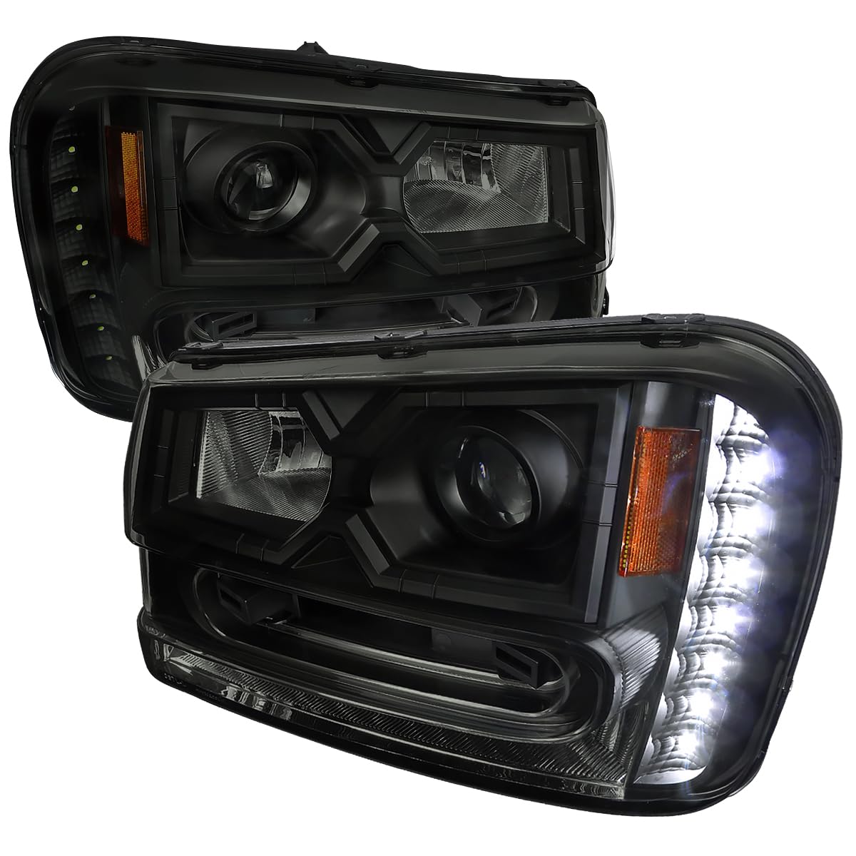 Black Smoke SPEC-D TUNING Projector Headlights w/LED Compatible with 2002-2009 Chevy Trailblazer, Left + Right Pair Headlamps Assembly