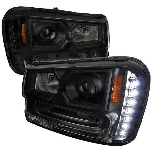 Black Smoke SPEC-D TUNING Projector Headlights w/LED Compatible with 2002-2009 Chevy Trailblazer, Left + Right Pair Headlamps Assembly