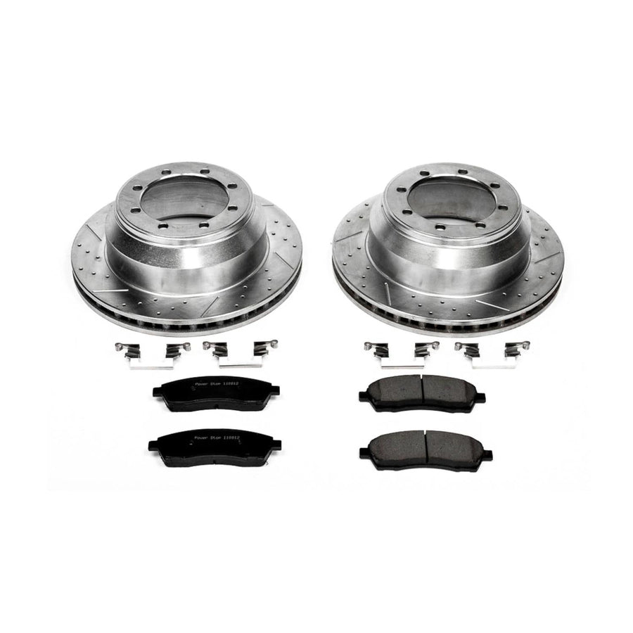 Rear Power Stop K1889 Z23 Carbon Fiber Brake Pads with Drilled & Slotted Brake Rotors Kit For Ford F-350 Super Duty 1999-2004 [Model Specific]