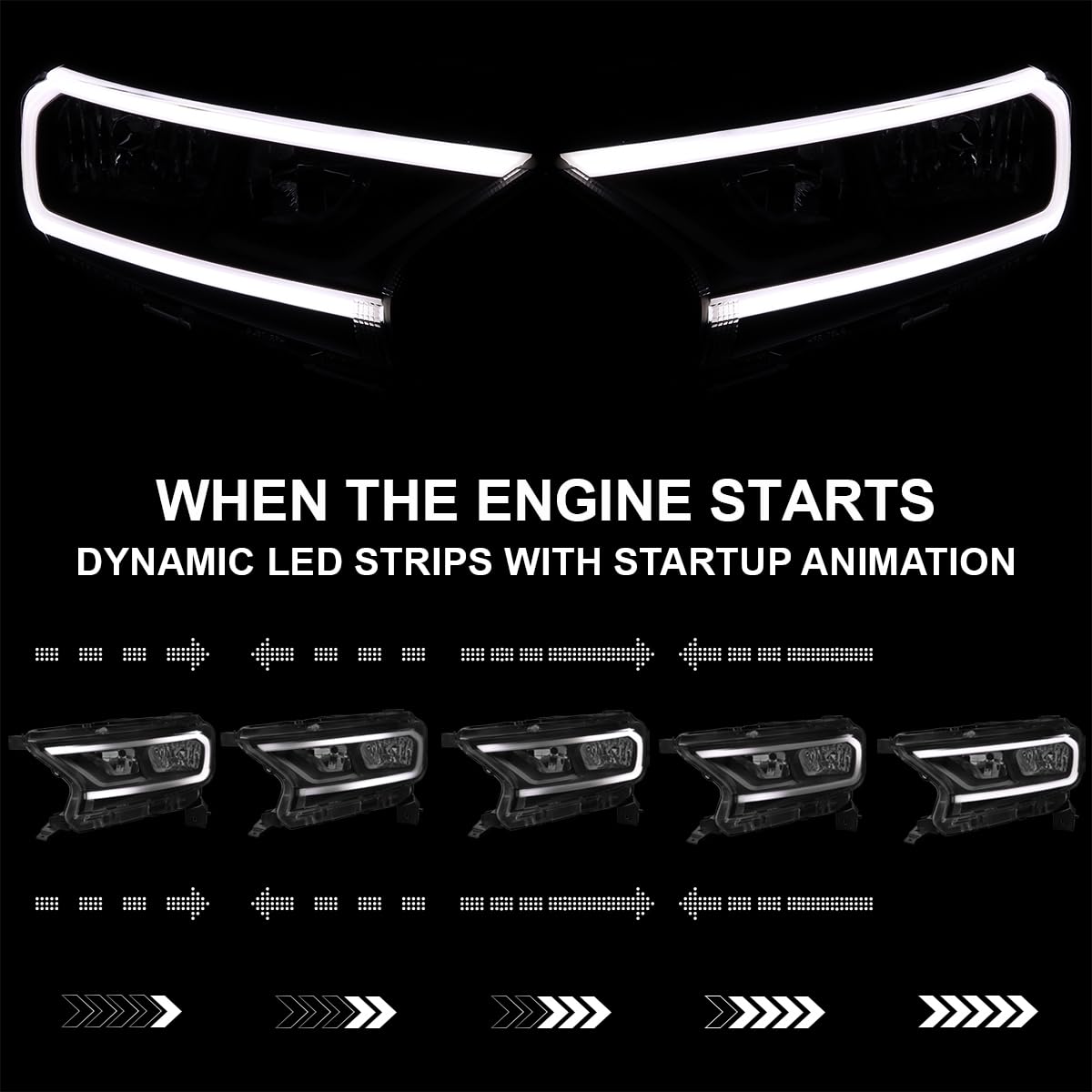 Black LED Strip Headlights SPEC-D TUNING w/Switchback and Sequential Turn Signals Compatible with 2019-2023 Ford Ranger XL/XLT, Left + Right Pair Headlamps Assembly