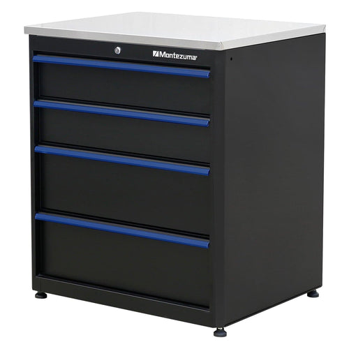 Garage Tool Storage System Montezuma - 30.5 x 24" Locking 4 Drawer Workbench with Ball Bearing Slides & Stainless Steel Worktop - BKMG30244BC