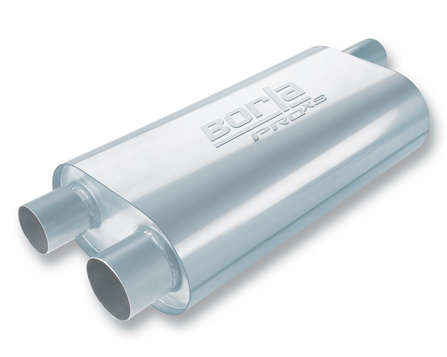 BORLA Specialty Muffler 40477 - Transverse Flow Single 2.5" Offset In/Dual 2.5" Offset Out (Originally for GM F-Body) 6"x10.25" Oval x 19" Long Body 24" OAL. Universal. Reversible. Un-Notched.