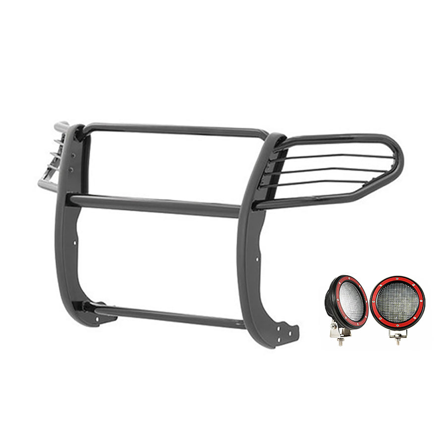 Grille Brush Black Horse Bumper Guard Modular Semi-Gloss Black Come with Pair of 5.3" Dia.LED Lights with Red Trim Rings Compatible with 2007-2014 Ford Expedition-17FP31MA-PLFR