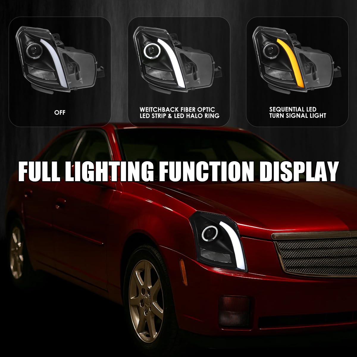 Halo Projector Headlights SPEC-D TUNING Black w/Switchback LED Signal Tube Compatible with 2003-2007 Cadillac CTS, Left + Right Pair Headlamps Assembly