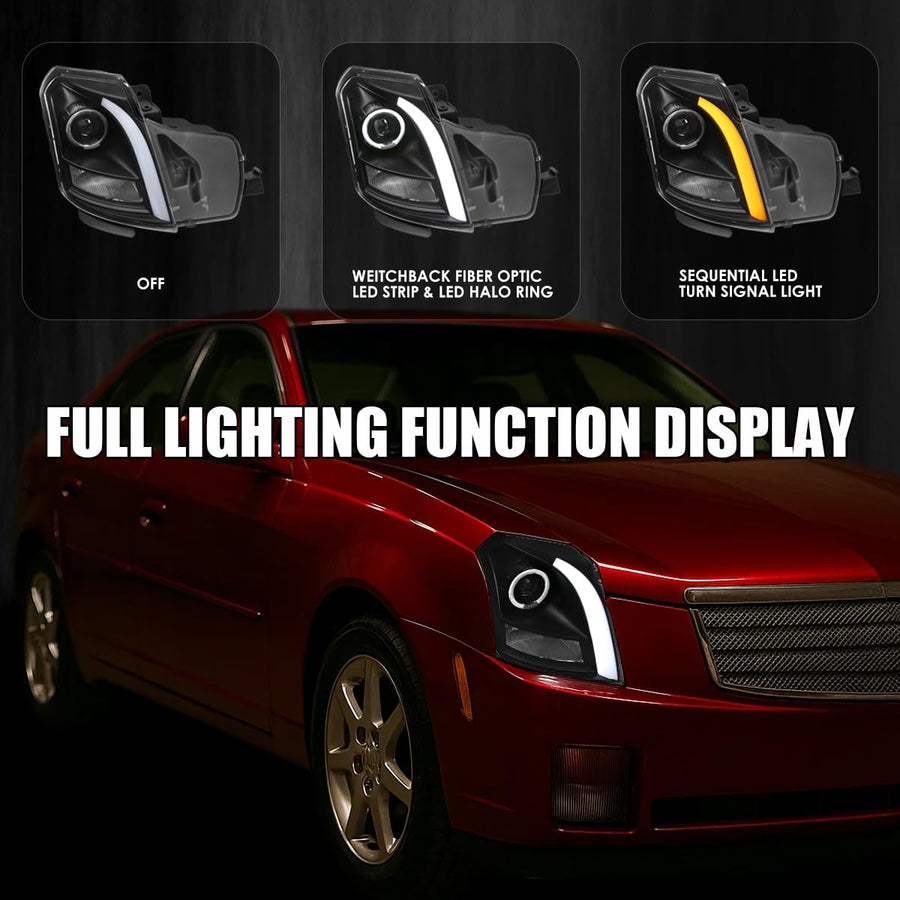 Halo Projector Headlights SPEC-D TUNING Black w/Switchback LED Signal Tube Compatible with 2003-2007 Cadillac CTS, Left + Right Pair Headlamps Assembly