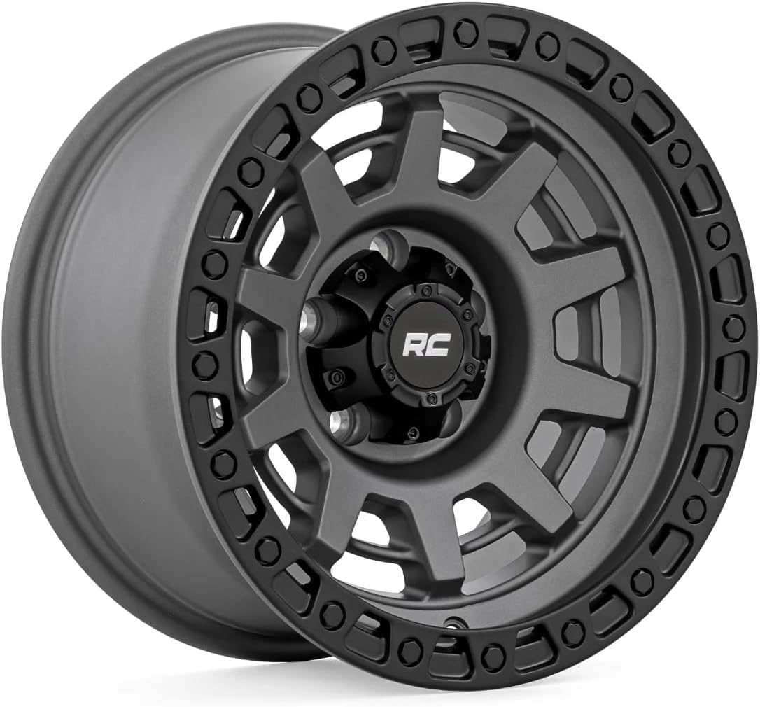 17x9 Rough Country 85 Series Wheel - 8x170mm, 12mm Offset, Gunmetal Gray with Black Simulated Beadlock, One-Piece Aluminum Off-Road Wheel