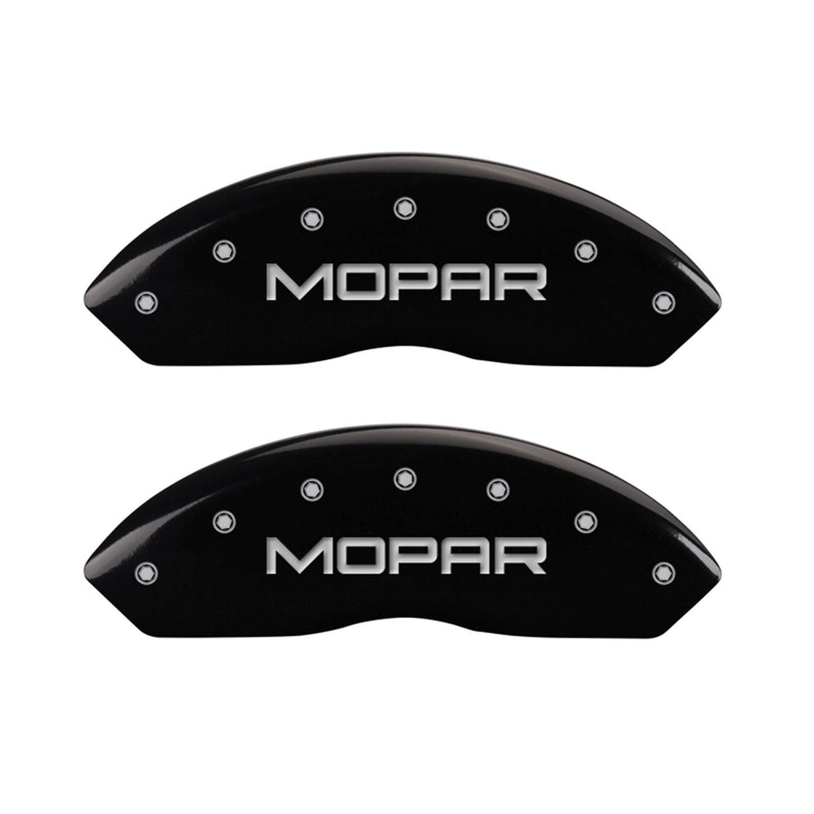 MGP Caliper Covers Front and Rear 42014SMOPBK Black Powder Coat Finish, Set of 4 (MOPAR Silver Characters, Engraved)