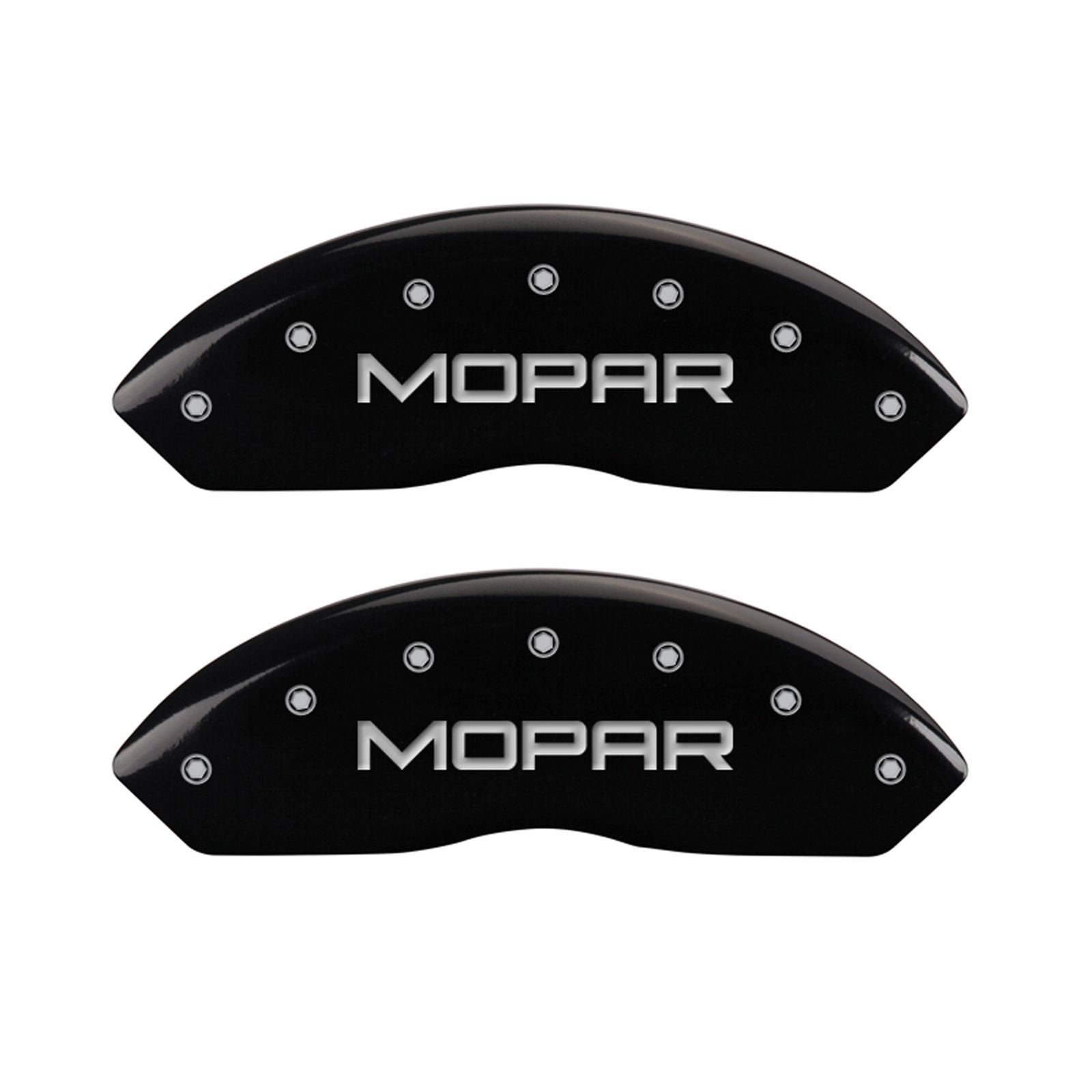Black Powder Coat Finish MGP Caliper Covers Front Caliper Cover, Set of 2 (MOPAR, Silver Characters, Engraved) 42009FMOPBK