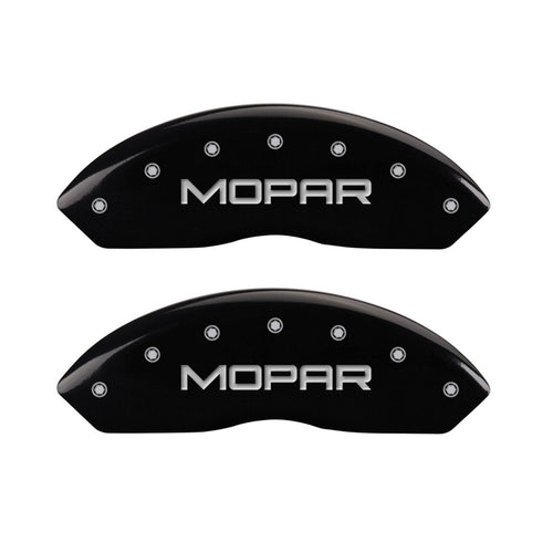Black Powder Coat Finish MGP Caliper Covers Front Caliper Cover, Set of 2 (MOPAR, Silver Characters, Engraved) 42009FMOPBK