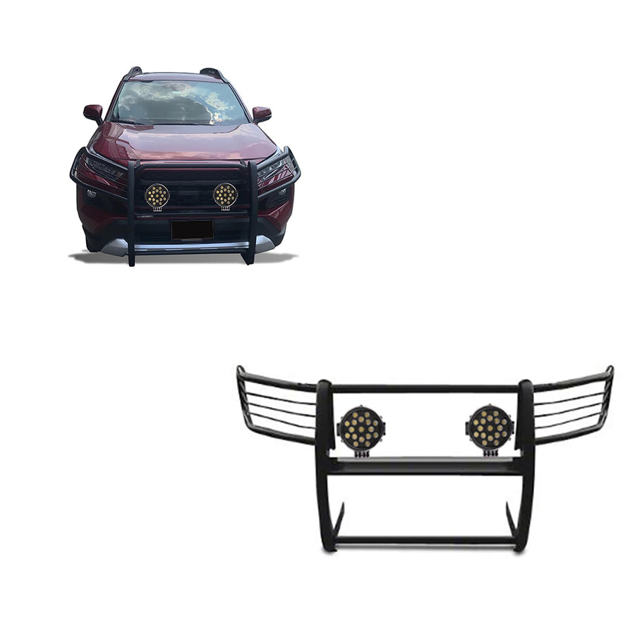 Bumper Guard Black Horse Grille Brush Modular Black Come with Pair of 7.0" Dia.LED Lights with Black Trim Rings Compatible with 2019-2024 Toyota RAV4-17A093904MA-PLB