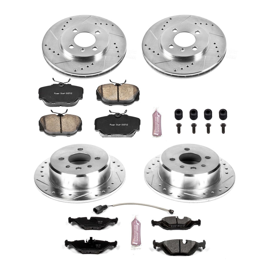 Power Stop K4167 Z23 Carbon Fiber Brake Pads Front and Rear with Drilled Slotted Brake Rotors Kit and 1 Front & 1 Rear Sensor Wires For BMW 318i, 318is, 325, 325e, 325es, 325i, 325is [Model Specific]