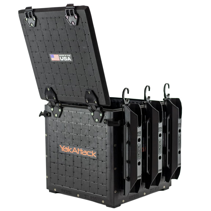 YakAttack Fishing Crate BlackPak Pro 13" x 13" with 3 Rod Holders - Black | Compact Tackle Storage Box & Gear Organizer for Kayaks | Lightweight, Durable & Customizable Marine Accessory | Made in USA