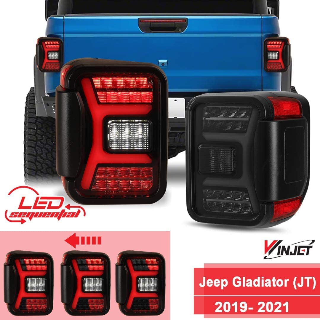 LED Tail Lights Assembly Winjet Fit For 2019 2020 2021 2022 2023 2024 2025 2026 Jeep Gladiator JT, Full Led Functional Rear Lamp Replacement w/Sequential Turn Signal (Black Housing Smoke Lens)