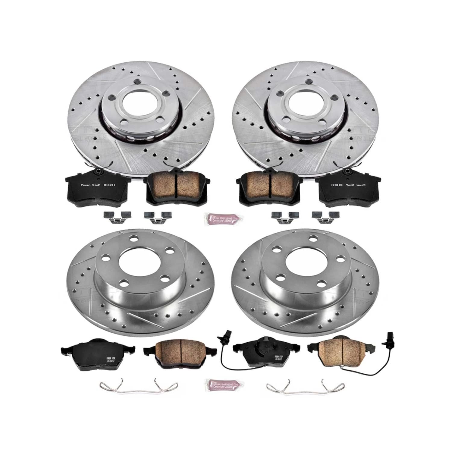 Power Stop K2800 Z23 Carbon Fiber Brake Pads Front and Rear with Drilled & Slotted Brake Rotors Kit For Volkswagen Passat 1999-2005 [Model Specific]