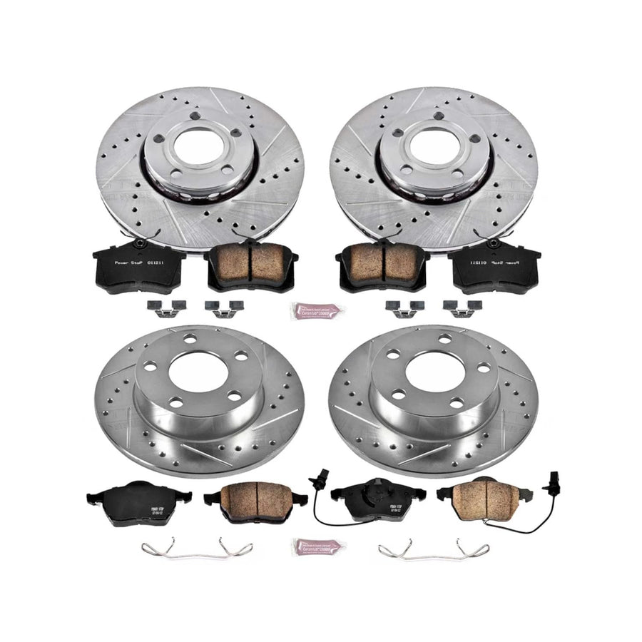 Power Stop K2800 Z23 Carbon Fiber Brake Pads Front and Rear with Drilled & Slotted Brake Rotors Kit For Volkswagen Passat 1999-2005 [Model Specific]