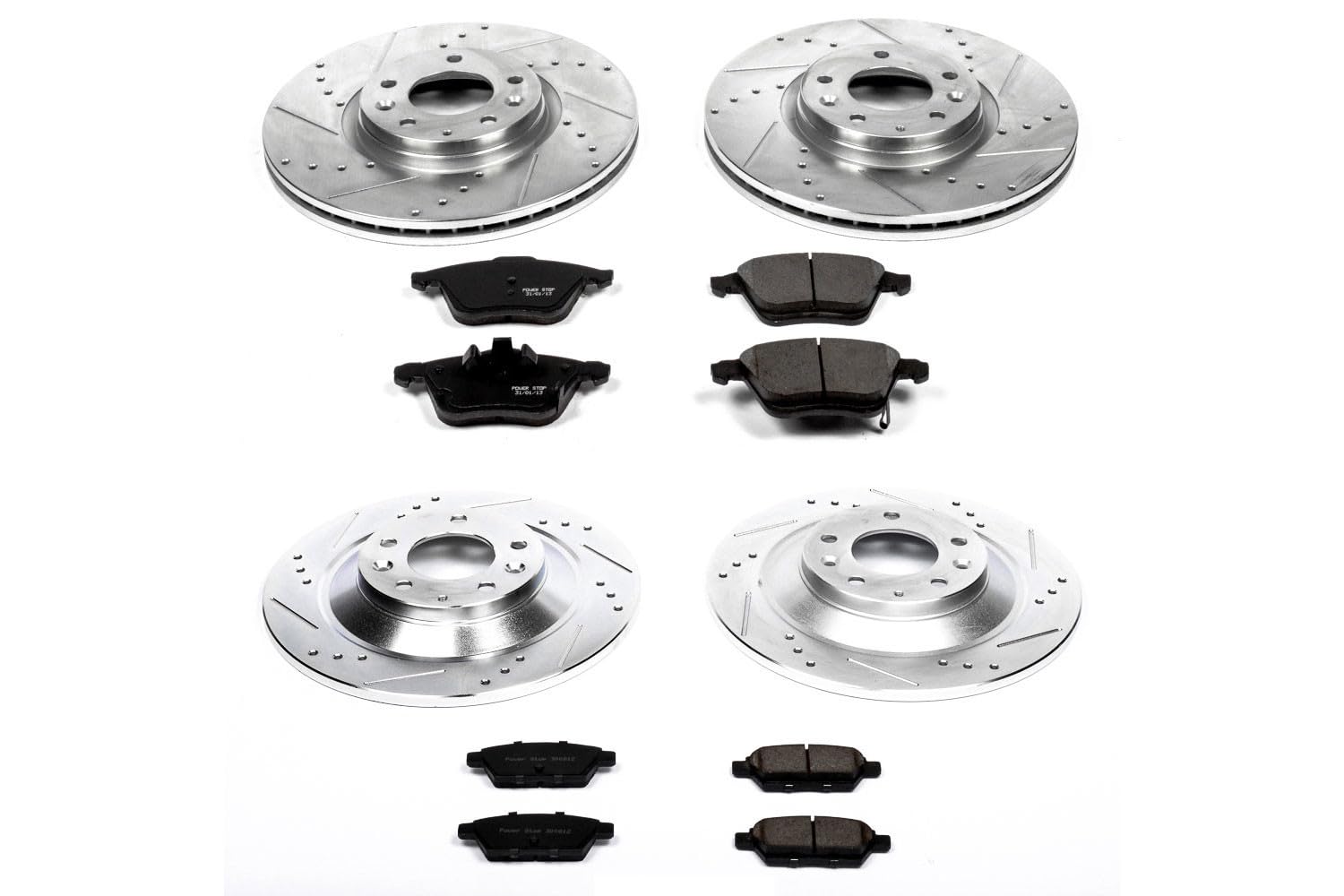 Power Stop K4092 Z23 Carbon Fiber Brake Pads Front and Rear with Drilled & Slotted Brake Rotors Kit For Mazda 6 2006-2007 [Model Specific]