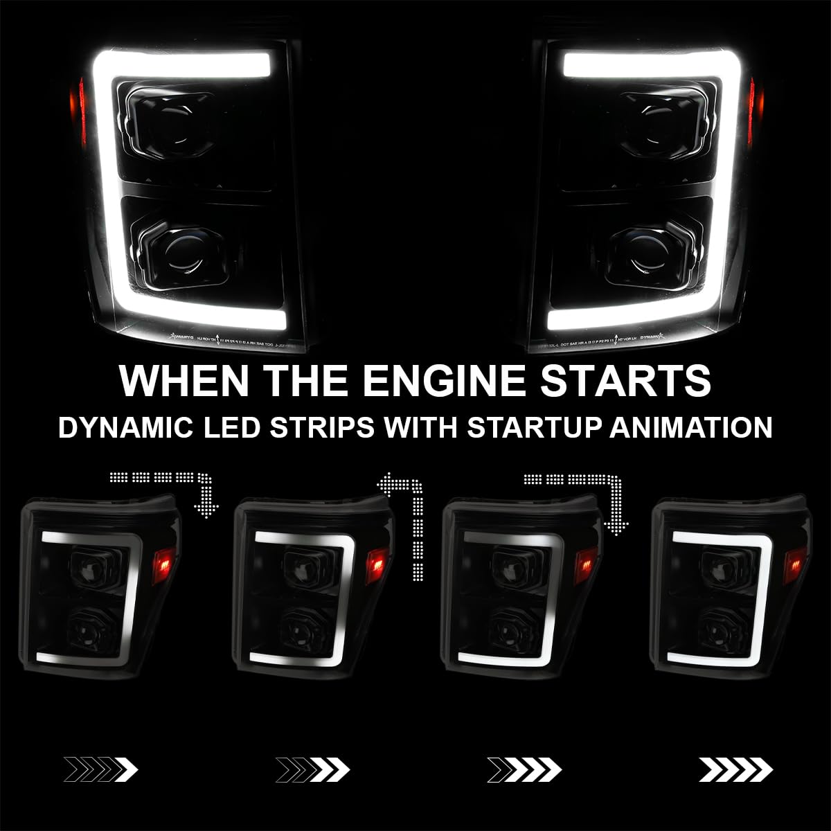 Black Smoke SPEC-D TUNING Projector Headlights w/Switchback Sequential LED Bar and Startup Animation Compatible with 2011-2016 Ford F250, F350, F450, F550 Super Duty, Left + Right Pair Headlamps