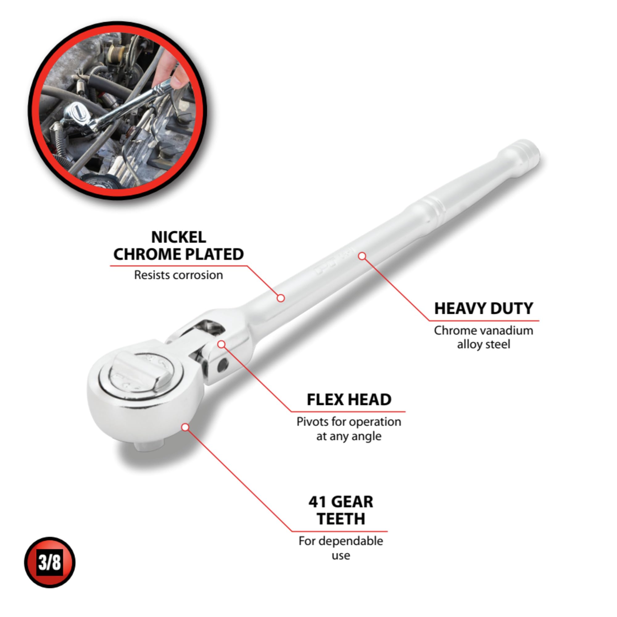 3/8-Inch Drive Performance Tool W38108 Round Head Flex Ratchet