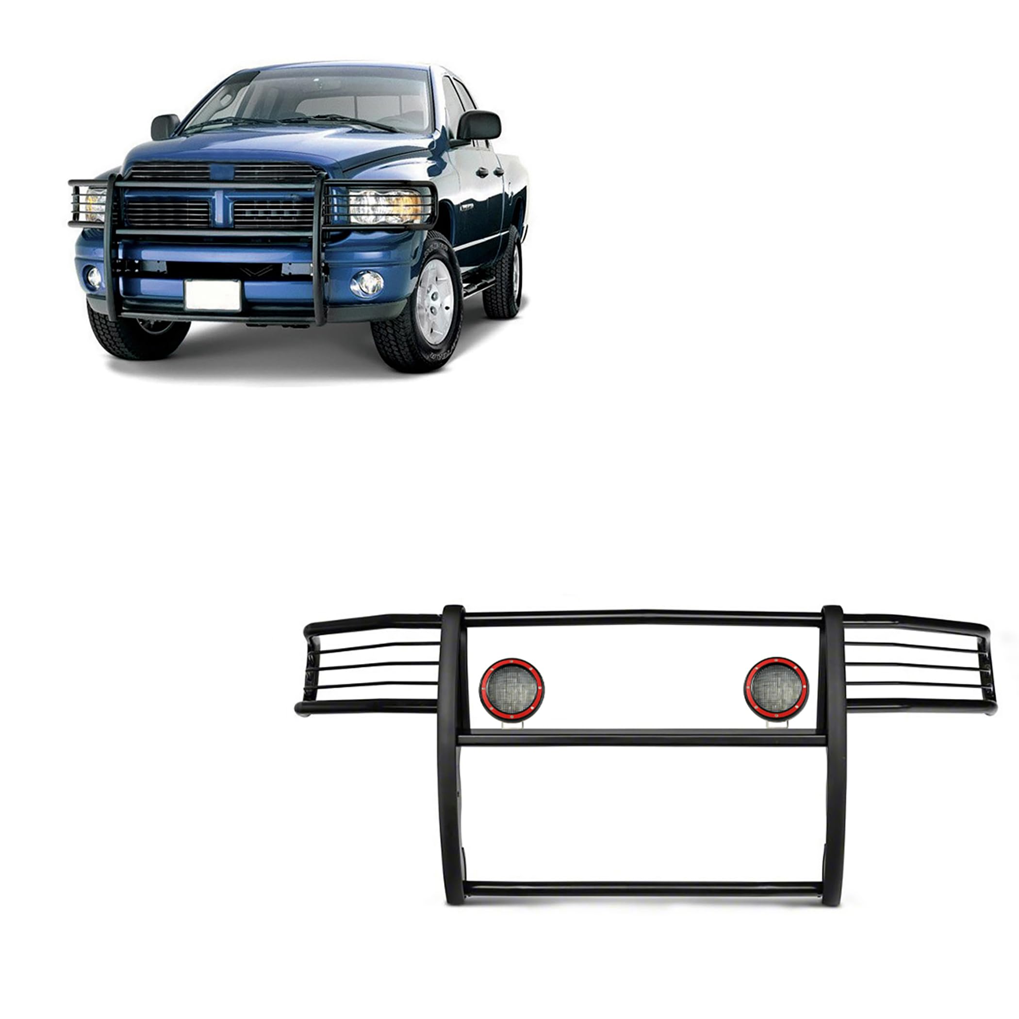 Grille Brush Black Horse Bumper Guard Modular Come with Pair of 5.3" LED Lights with Red Trim Rings Compatible with 2003-2005 Dodge Ram 1500/2500/3500-17DG105MA-PLFR